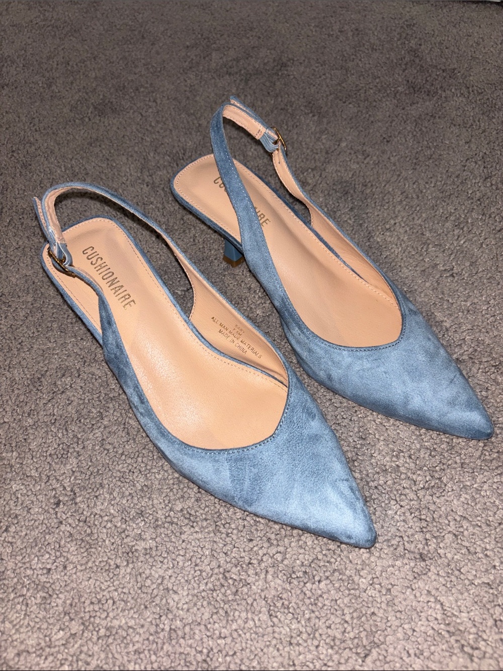Cushionaire Blue Suede Slingback Pointed Toe Heels